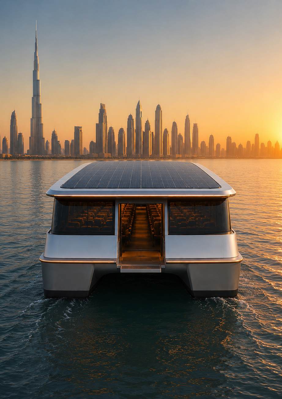 60P seen from the stern with the Dubai skyline at sunset — original pitch rendering