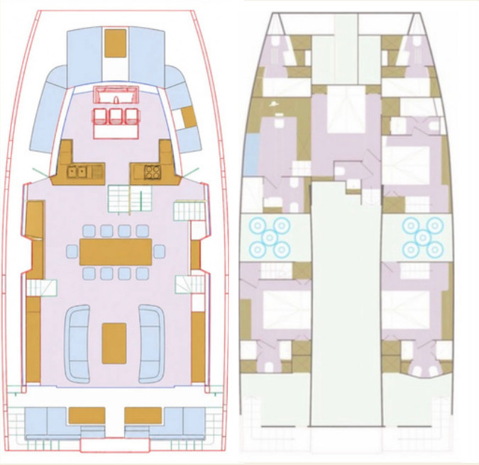 Original brochure plan: main deck on the left, four-cabin lower deck on the right