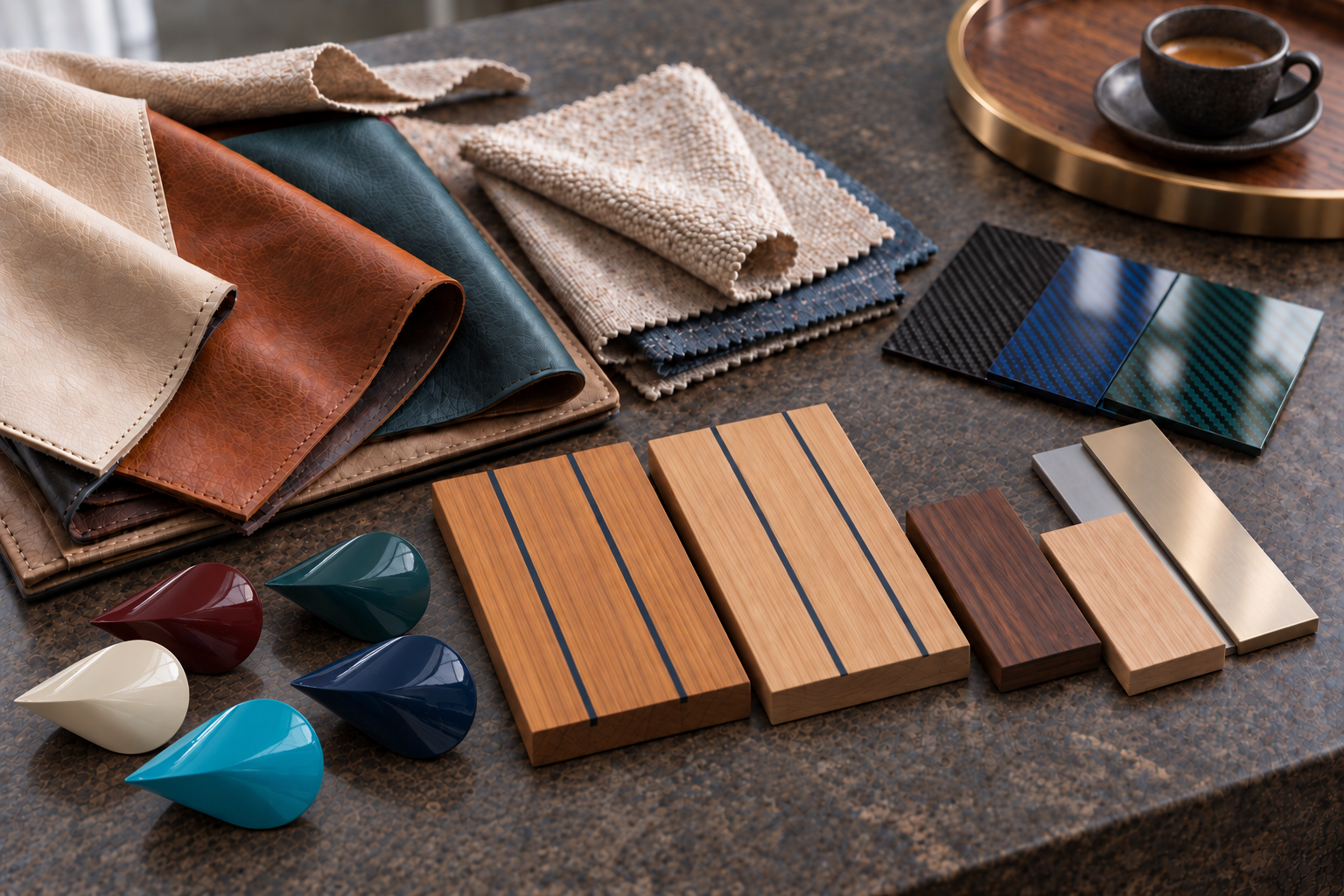 Bespoke yacht material selection: teak, woods, leathers, fabrics, coloured carbon fibre, metals and sculptural lacquer colour samples with Urbani turquoise in the foreground
