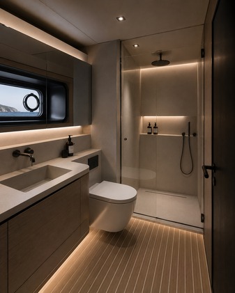 60H bathroom with vanity and walk-in shower — original interior design rendering