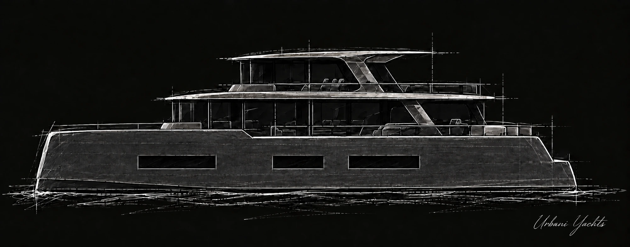 Venticinque — approved white-on-black profile sketch, with Urbani Yachts signature