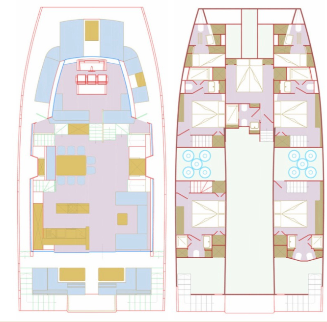 Original brochure plan: main deck on the left, five-cabin lower deck on the right