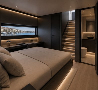 60H guest cabin with a double bed and ensuite access — original interior design rendering