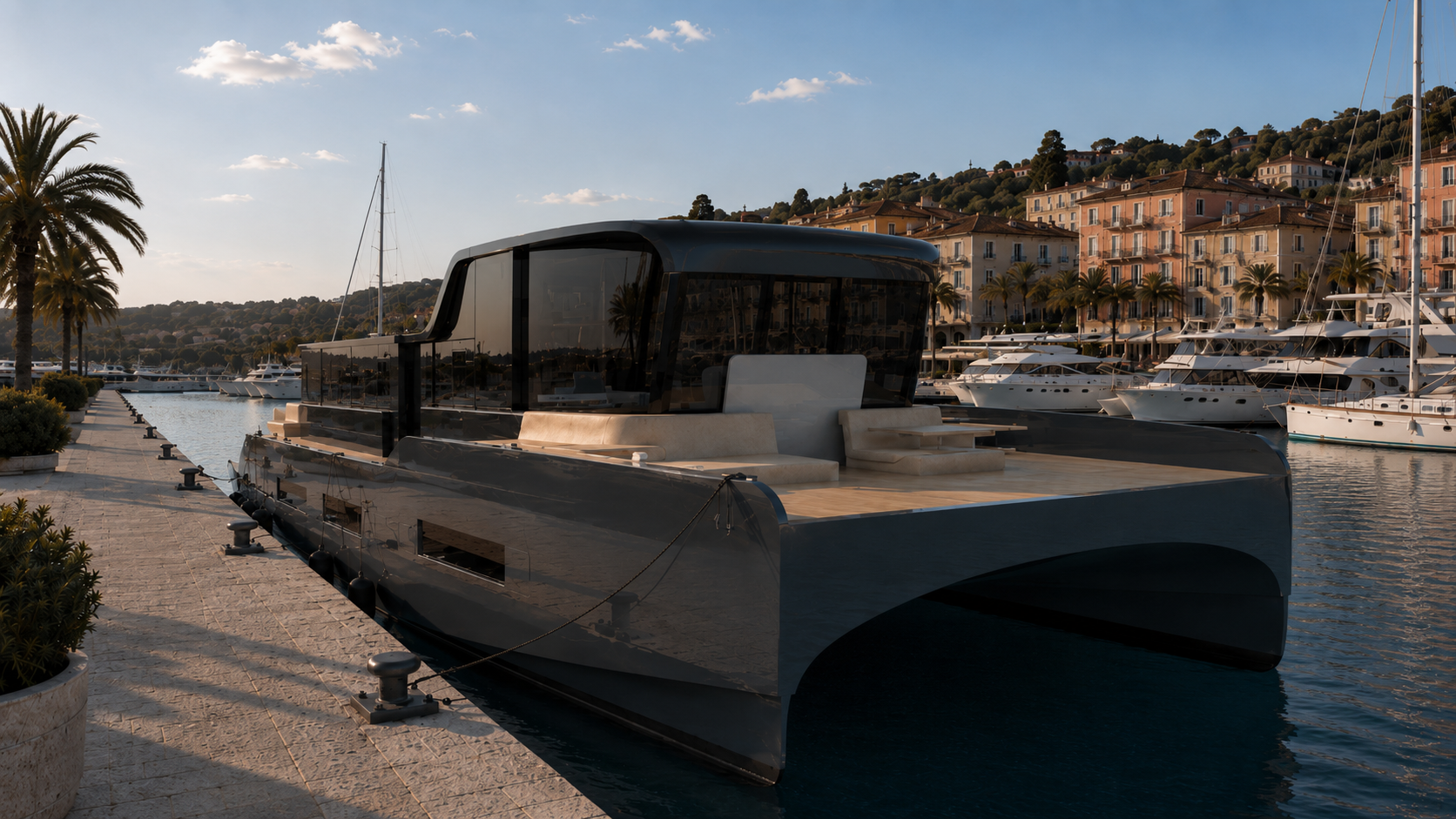 Urbani Yachts 60H moored in a Mediterranean marina