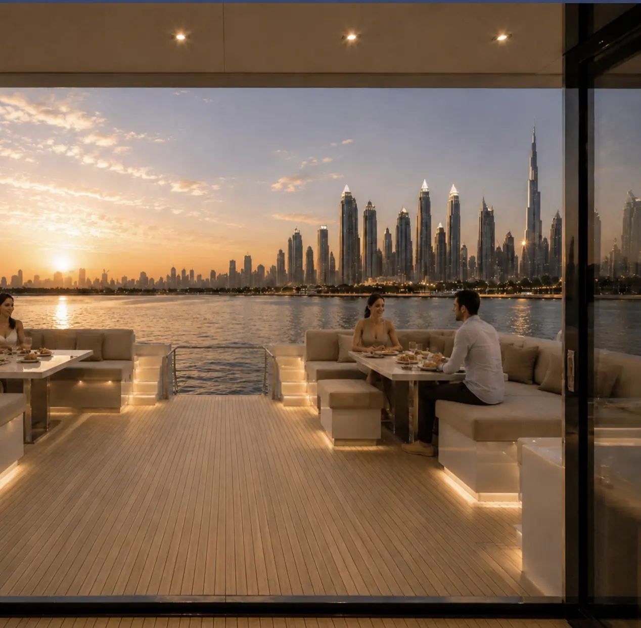 Main deck of the 60H overlooking Dubai at sunset